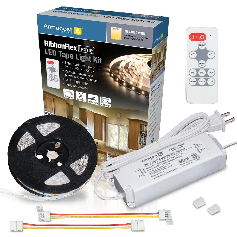 Recessed lights with a sleek, modern design for contemporary homesRibbonFlex Home CCT Tunable White LED Tape Light Kit with Remote, 16 ft. (5m), 2700k-5000K, 120V Recessed lights with a sleek, modern design for contemporary homesRibbonFlex Home CCT Tunable White LED Tape Light Kit with Remote, 16 ft. (5m), 2700k-5000K, 120V
