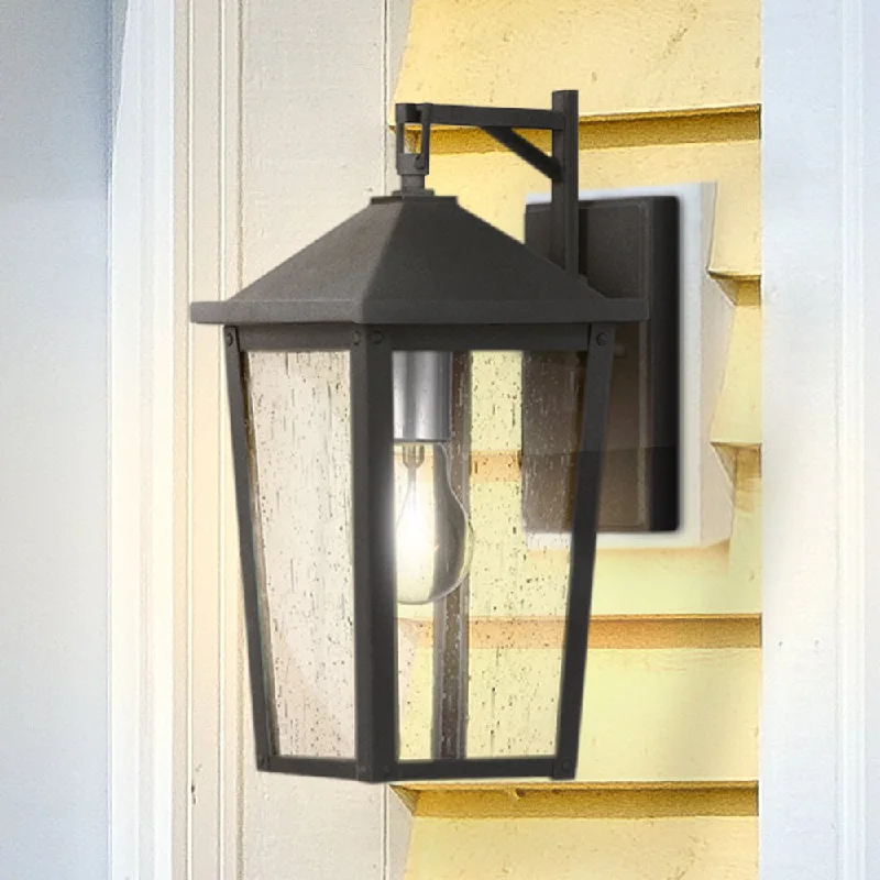 Dust - Resistant Industrial Lighting for Dirty WorkspacesUQL1872 Modern Rustic Outdoor Wall Sconce, 13.25''H x 6.50''W x 7.75''D, Mottled Black Finish, Elmwood Collection Dust - Resistant Industrial Lighting for Dirty WorkspacesUQL1872 Modern Rustic Outdoor Wall Sconce, 13.25''H x 6.50''W x 7.75''D, Mottled Black Finish, Elmwood Collection