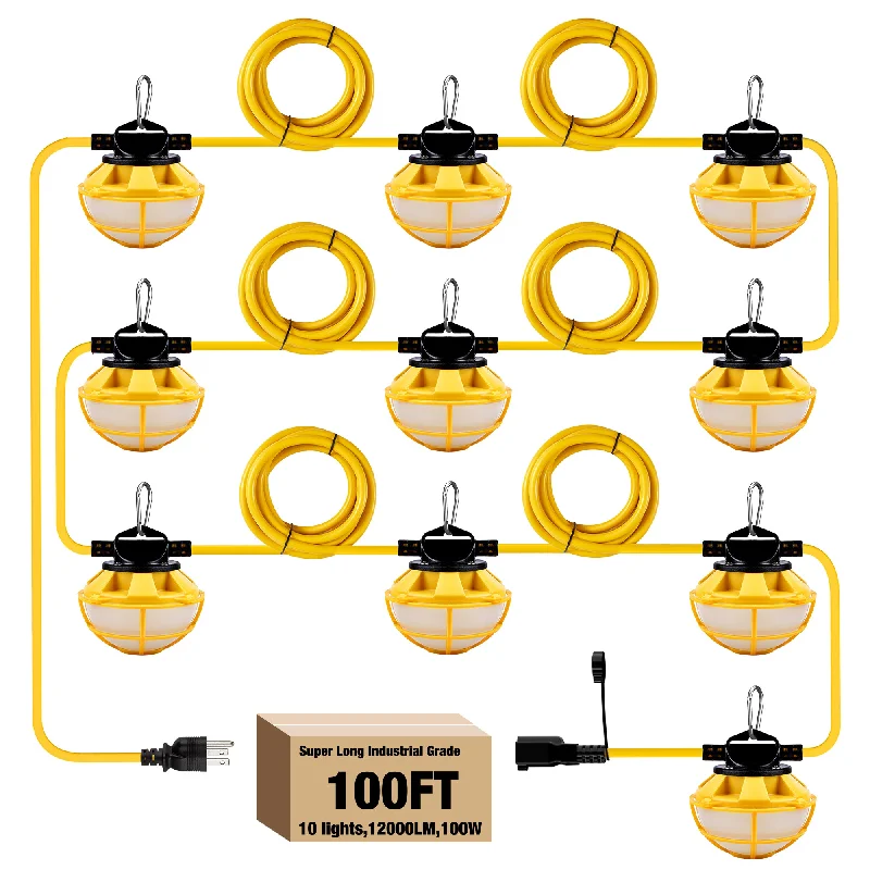 Explosion - Proof Industrial Lighting for Hazardous Locations100FT LED Construction String Lights 130W 16,000LM 3 Prong With Cage