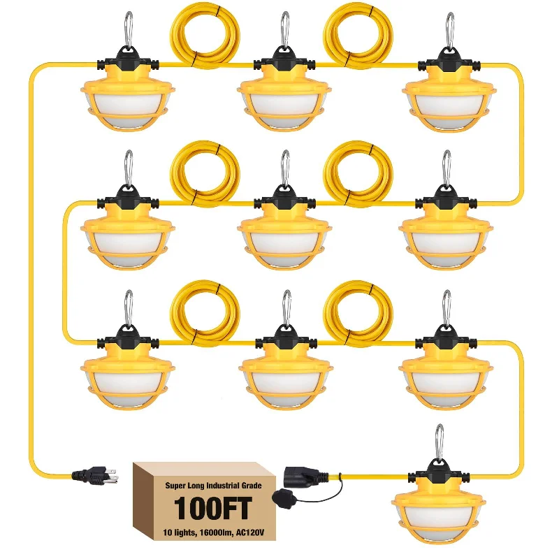 Industrial Area Lighting for Large Open Spaces130W LED Construction String Lights 100FT 16000LM 3 Prong With Cage Industrial Area Lighting for Large Open Spaces130W LED Construction String Lights 100FT 16000LM 3 Prong With Cage