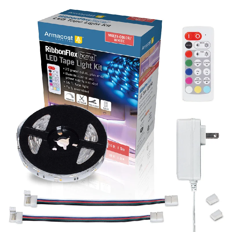 Recessed lights with a narrow beam spread for spotlighting artworksRibbonFlex Home Multi-Color+White LED Tape Light Kit with Remote, 16 ft. (5m), 120V
