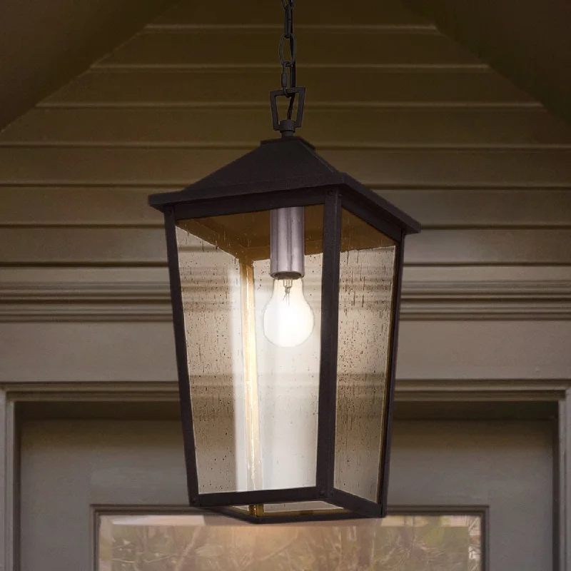 Industrial Lighting for Textile MillsUQL1873 Modern Rustic Outdoor Pendant, 18.75''H x 9.25''W x 9.25''D, Mottled Black Finish, Elmwood Collection Industrial Lighting for Textile MillsUQL1873 Modern Rustic Outdoor Pendant, 18.75''H x 9.25''W x 9.25''D, Mottled Black Finish, Elmwood Collection