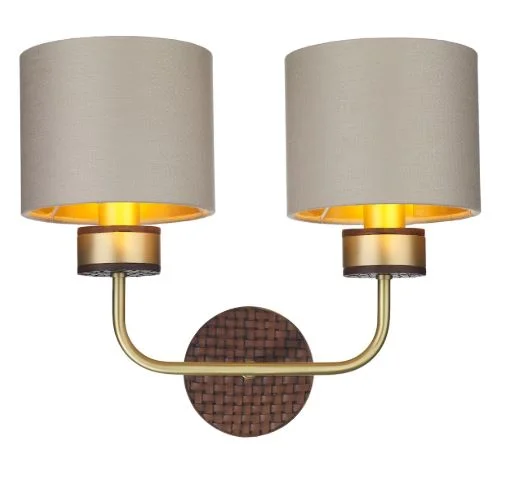 asian - inspired wall lamps with bamboo or paper shades for a zen - like Hunter Brass & Brown Double Wall Light With Swan & Gold Satin Shades (Shade Colour Options Available) - ID 10276 asian - inspired wall lamps with bamboo or paper shades for a zen - like Hunter Brass & Brown Double Wall Light With Swan & Gold Satin Shades (Shade Colour Options Available) - ID 10276