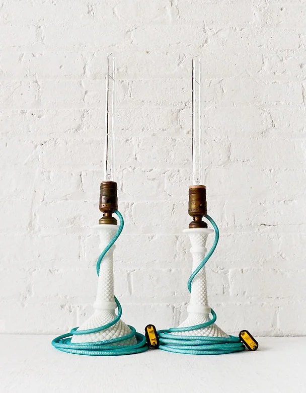 Lava Lamps for Farmer's Market Booths to Stand OutPair of Vintage White Milk Glass Diamond Cut Candlestick Lamps with Aqua Textile Cord Lava Lamps for Farmer's Market Booths to Stand OutPair of Vintage White Milk Glass Diamond Cut Candlestick Lamps with Aqua Textile Cord