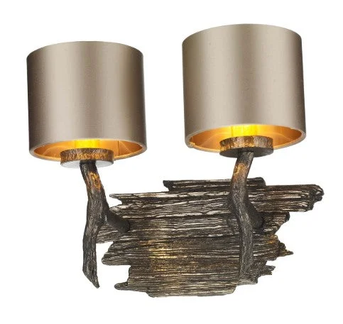 leather wall lamps with a distressed texture for a rugged and stylish lookJoshua Bronze Double Wall Light with Almond Cream Satin Shades (other shade colours available) - ID 10264 leather wall lamps with a distressed texture for a rugged and stylish lookJoshua Bronze Double Wall Light with Almond Cream Satin Shades (other shade colours available) - ID 10264