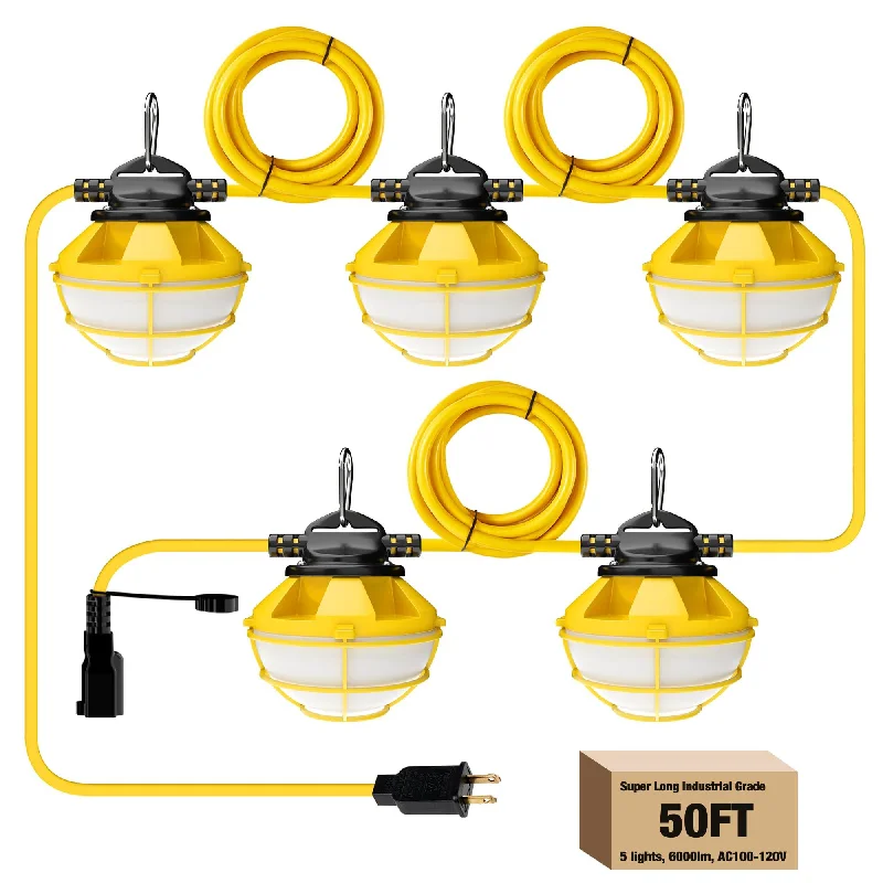 Low - Bay Industrial Lighting Fixtures for Small Factories50W LED Construction String Lights with Cage, 50FT 6,000LM 2 Prong Low - Bay Industrial Lighting Fixtures for Small Factories50W LED Construction String Lights with Cage, 50FT 6,000LM 2 Prong