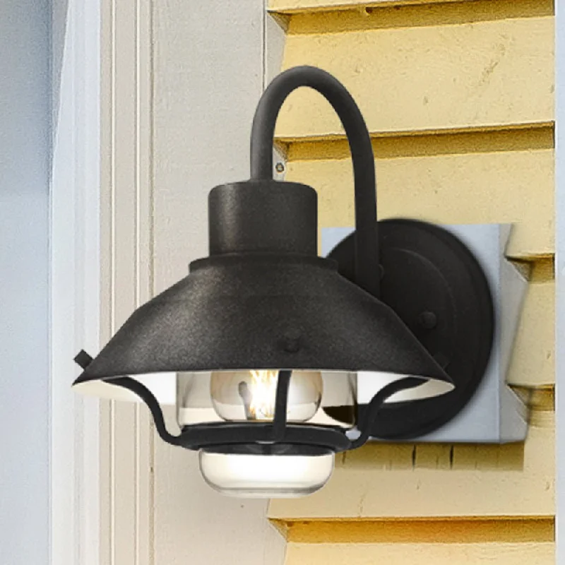 Industrial Area Lighting for Large Open SpacesUQL1970 Utilitarian Outdoor Wall Sconce, 9.5''H x 8''W x 9.25''D, Mottled Black Finish, Logan Collection Industrial Area Lighting for Large Open SpacesUQL1970 Utilitarian Outdoor Wall Sconce, 9.5''H x 8''W x 9.25''D, Mottled Black Finish, Logan Collection