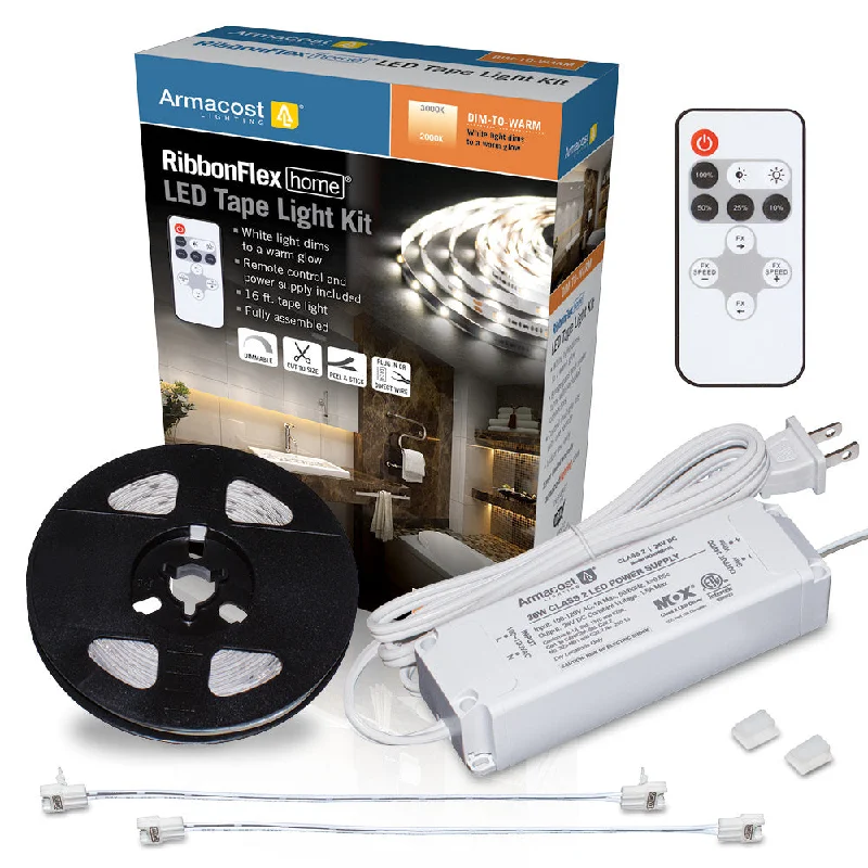 Recessed lights for yoga studios to enhance relaxationRibbonFlex Home Dim-to-Warm LED Tape Light Kit with Remote, 16 ft. (5m), 1800K-3000K, 120V