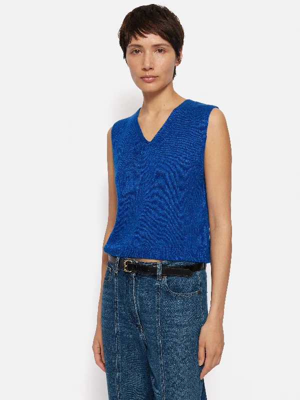 Linen Slub Cropped V Tank Top | Blue