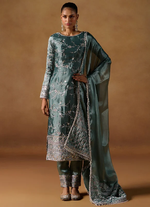 Light Teal Embroidered Tissue Straight Suit