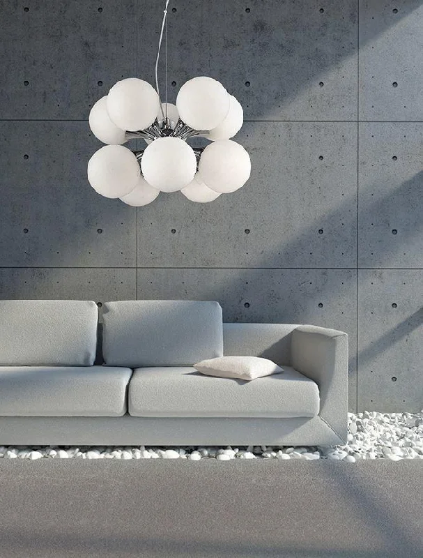 Incandescent Chandeliers for a Warm and Traditional Glow10 Lamp Chrome Ceiling Light With Opal Glass Spheres - ID 7525 Incandescent Chandeliers for a Warm and Traditional Glow10 Lamp Chrome Ceiling Light With Opal Glass Spheres - ID 7525