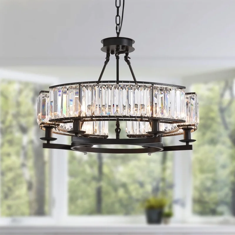 Industrial Iron Chandeliers for Loft - Inspired Spaces26 in. Round Crystal Chandelier Black Industrial Dining Room Light Fixtures 6-Light for Farmhouse Living Room Foyer Industrial Iron Chandeliers for Loft - Inspired Spaces26 in. Round Crystal Chandelier Black Industrial Dining Room Light Fixtures 6-Light for Farmhouse Living Room Foyer