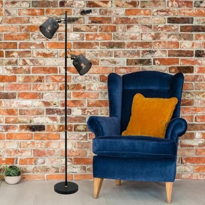 Rustic Farmhouse Style Floor Lamp for Cozy BedroomsArizona industrial Mesh Floor Light 2Lt in Sand Black with Brushed Brass Rustic Farmhouse Style Floor Lamp for Cozy BedroomsArizona industrial Mesh Floor Light 2Lt in Sand Black with Brushed Brass