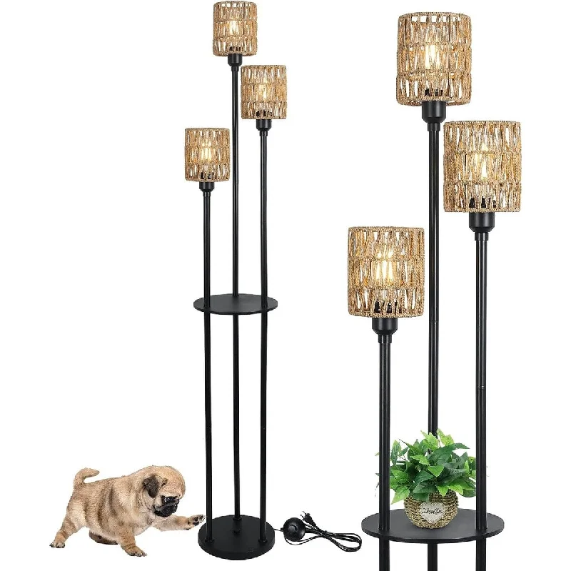 Metal Floor Lamp with a Matte Black Finish for a Sleek LookFloor Lamp with Shelves, 3-Lights Farmhouse Tall Floor Lamp with ON/OFF Foot Switch, Rustic Standing Lamp with Rattan Shades