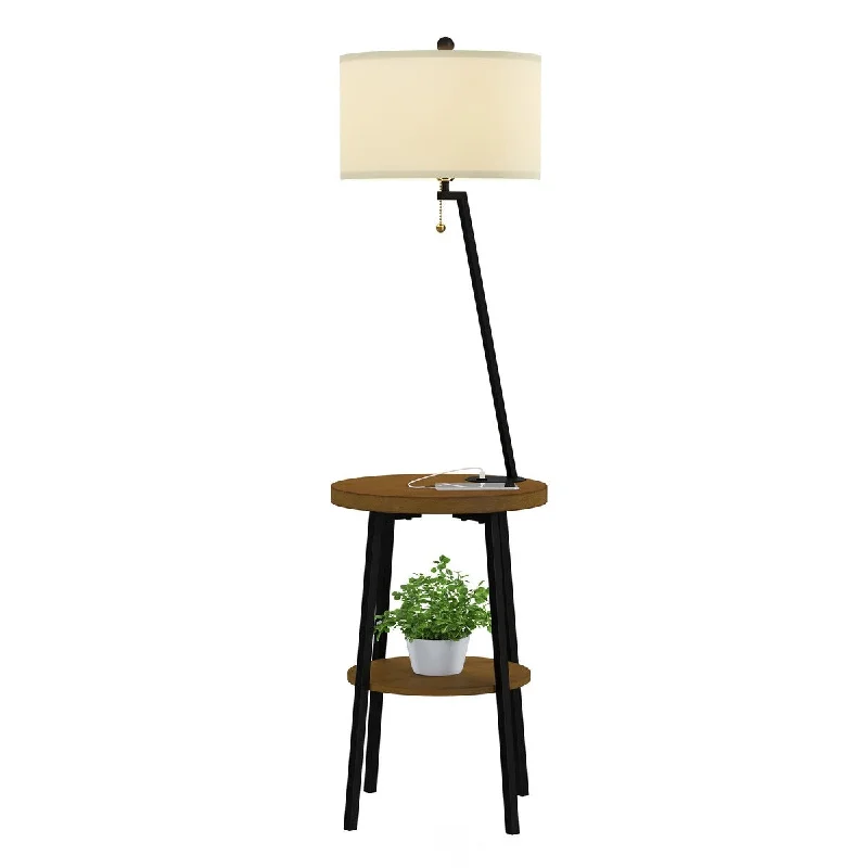 Industrial Style Floor Lamp with Exposed Bulbs for Loft ApartmentsFloor Lamp with USB made of Venner Wood and Iron in Brown and Black - Brown and Black