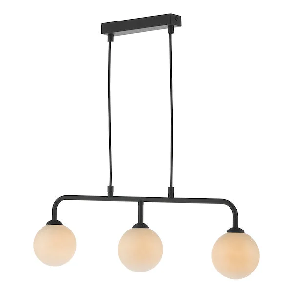 Metal Ceiling Lights in Brass, Copper, Stainless Steel, and IronDar Feya 3 Light Bar Pendant Matt Black Opal Glass