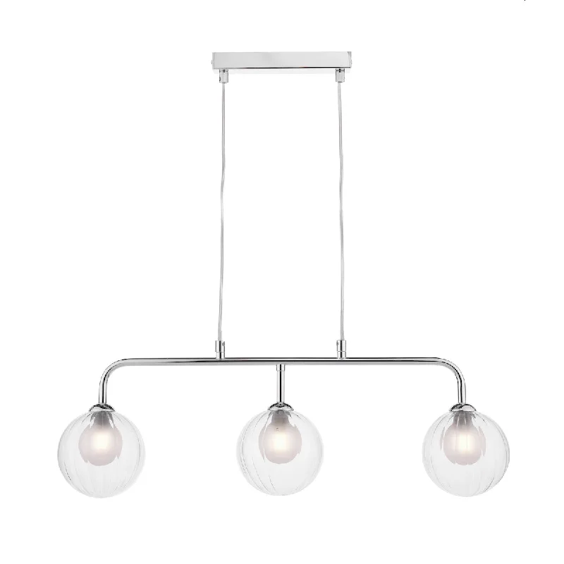 Art Deco Ceiling Lights with Geometric Patterns and Metallic FinishesDar Feya 3 Light Bar Pendant Polished Chrome & Clear/Opal Glass Art Deco Ceiling Lights with Geometric Patterns and Metallic FinishesDar Feya 3 Light Bar Pendant Polished Chrome & Clear/Opal Glass