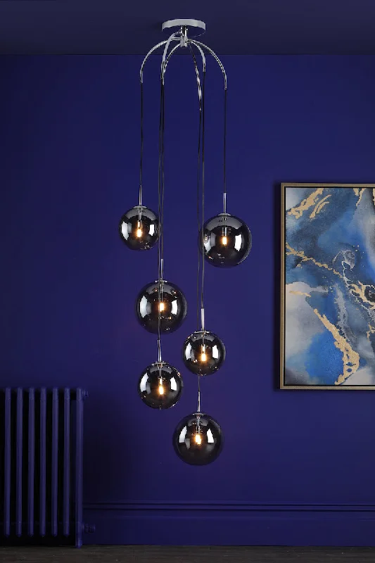 Tropical - Themed Ceiling Lights with Palm - Leaf Shapes and Rattan WrapsDar Gold Collection Nico 6 Light Cluster Pendant Polished Chrome Smoked Glass Tropical - Themed Ceiling Lights with Palm - Leaf Shapes and Rattan WrapsDar Gold Collection Nico 6 Light Cluster Pendant Polished Chrome Smoked Glass