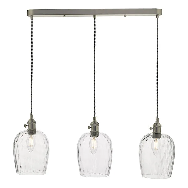 Industrial Style Ceiling Lights with Exposed Bulbs and Metal CagesDar Hadano 3 Bar Light Antique Chrome with Dimpled Glass Shades Industrial Style Ceiling Lights with Exposed Bulbs and Metal CagesDar Hadano 3 Bar Light Antique Chrome with Dimpled Glass Shades