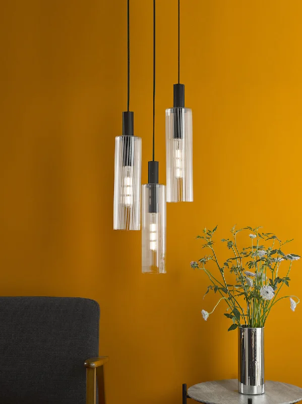 Mid - Century Modern Ceiling Lights with Simple, Sleek LinesDar Ruben 3 Light Cluster Pendant Satin Black and Ribbed Glass Mid - Century Modern Ceiling Lights with Simple, Sleek LinesDar Ruben 3 Light Cluster Pendant Satin Black and Ribbed Glass