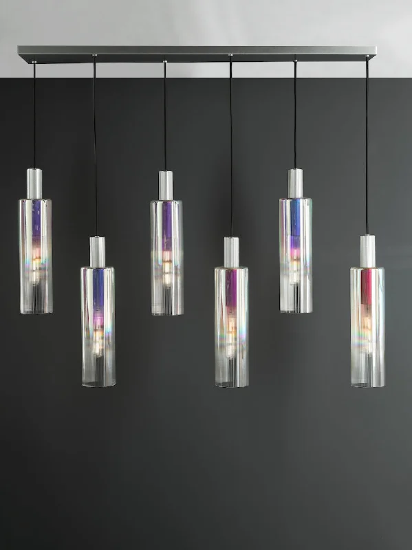Moroccan Ceiling Lights with Colorful Stained Glass and Geometric CarvingsDar Ruben 6 Light Bar Pendant Satin Silver and Ribbed Iridised Glass Moroccan Ceiling Lights with Colorful Stained Glass and Geometric CarvingsDar Ruben 6 Light Bar Pendant Satin Silver and Ribbed Iridised Glass
