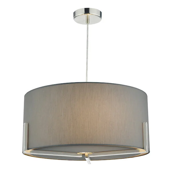 Tropical - Themed Ceiling Lights with Palm - Leaf Shapes and Rattan WrapsDar Santino Pendant Satin Chrome With Grey Cotton Shade Tropical - Themed Ceiling Lights with Palm - Leaf Shapes and Rattan WrapsDar Santino Pendant Satin Chrome With Grey Cotton Shade
