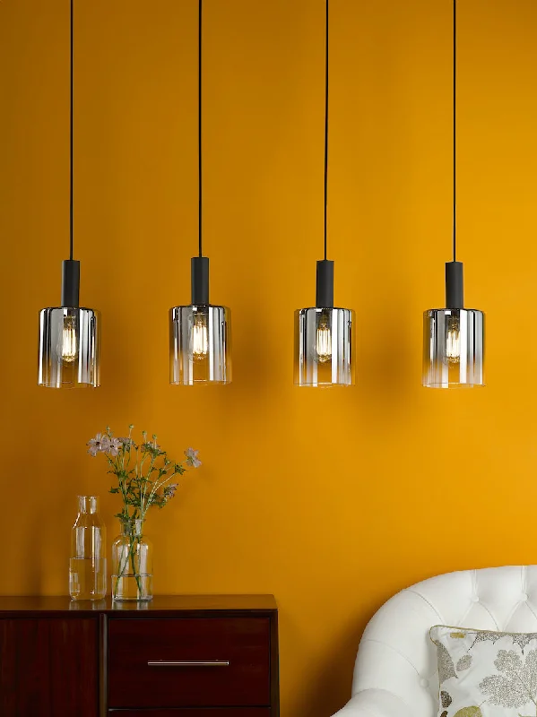 Metal Ceiling Lights in Brass, Copper, Stainless Steel, and IronDar Savannah 4 Light Bar Pendant Matt Black and Smoked Glass