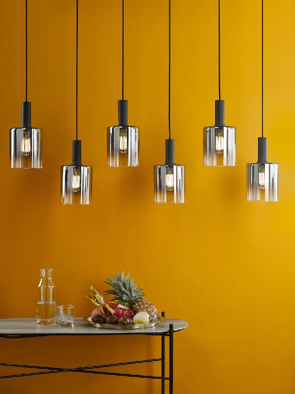 African - Inspired Ceiling Lights with Tribal Patterns and Natural MaterialsDar Savannah 6 Light Bar Pendant Matt Black and Smoked Glass African - Inspired Ceiling Lights with Tribal Patterns and Natural MaterialsDar Savannah 6 Light Bar Pendant Matt Black and Smoked Glass