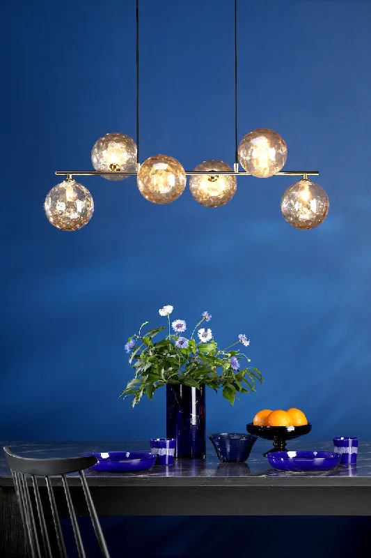Indian - Themed Ceiling Lights with Intricate Filigree and Mirror WorkDar Spiral 6 Light Bar Pendant Matt Gold & Champagne Dimpled Glass