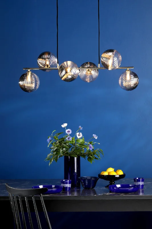 Rustic Ceiling Lights with Reclaimed Wood and Distressed FinishesDar Spiral 6 Light Bar Pendant Matt Gold & Smoked/Clear Ribbed Glass