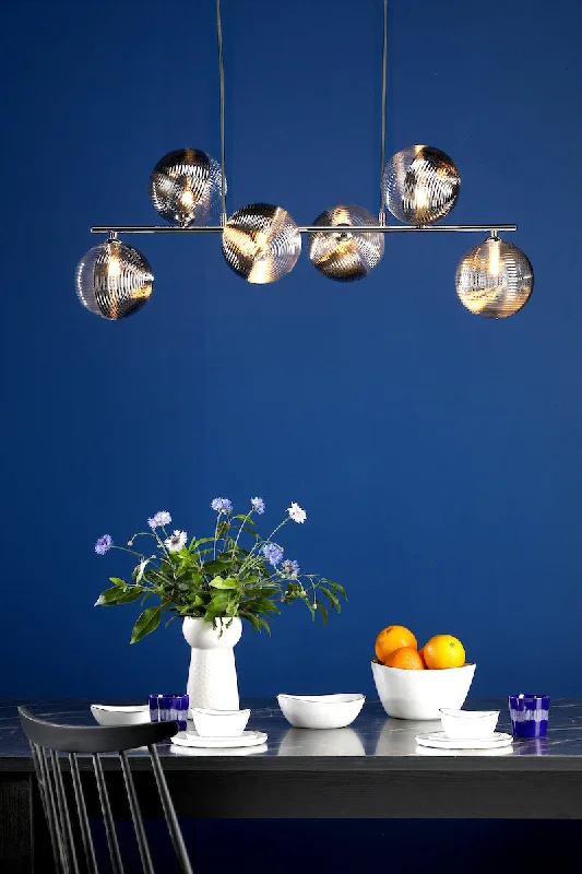 Glass Ceiling Lights with Frosted, Colored, or Etched GlassDar Spiral 6 Light Bar Pendant Polished Chrome & Smoked/Clear Ribbed Glass