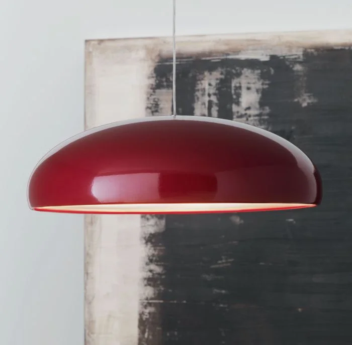 Retro Ceiling Lights Inspired by the 1950s and 1960s DesignShiny Red Modern Metal Pendant Light With Acrylic Diffuser Retro Ceiling Lights Inspired by the 1950s and 1960s DesignShiny Red Modern Metal Pendant Light With Acrylic Diffuser