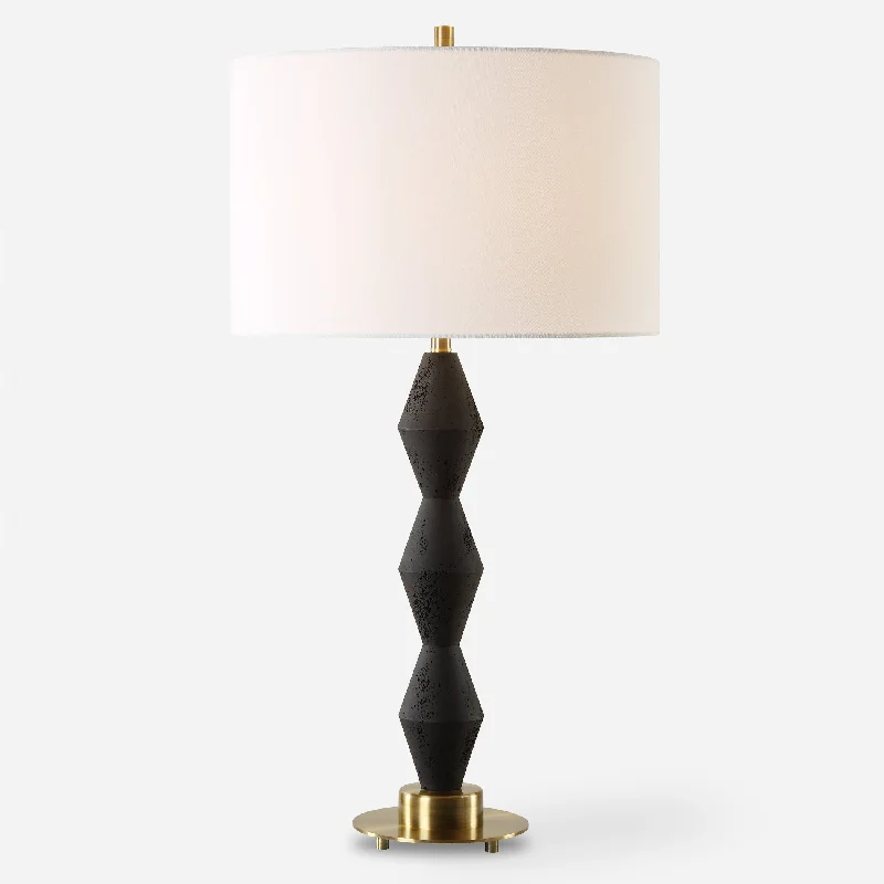 leather table lamps with a distressed texture for a rugged charmThreefold Black Stone Table Lamp
